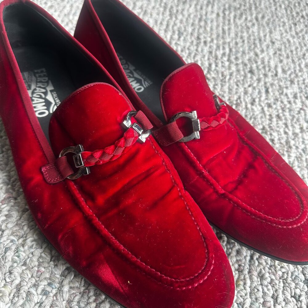 Salvatore Ferragamo Red Velvet Gancini Loafers